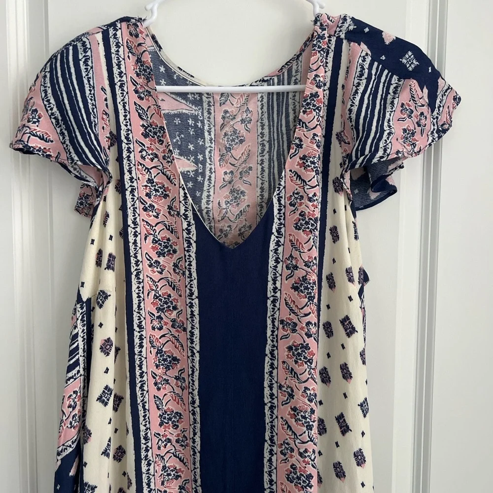 Maeve Anthropologie Boho High Low Maxi Dress | Navy Pink Print | Size Large - Picture 3 of 5